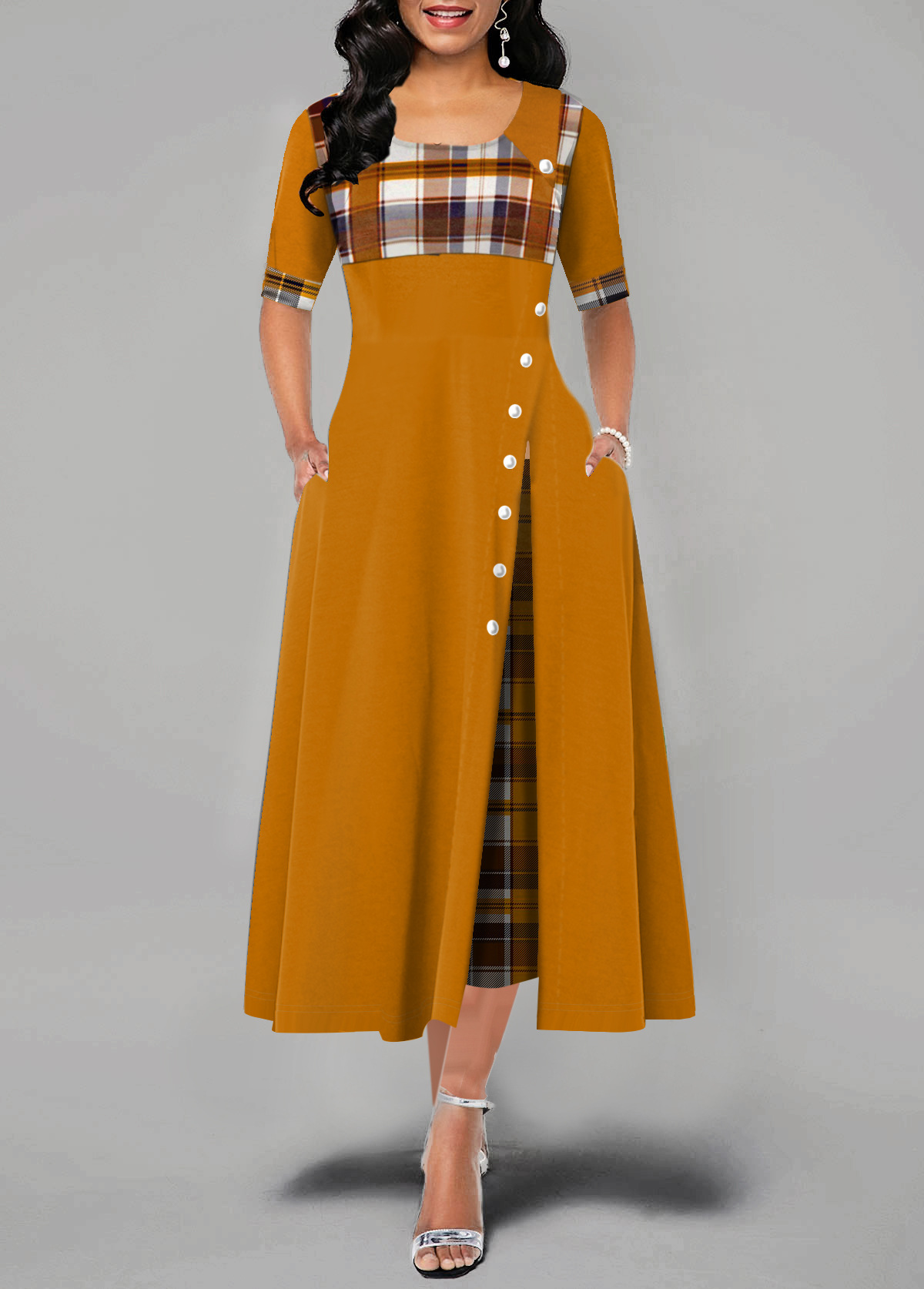 ladies dresses ladies dress dresses for women Dresses Women's Clothes New women's dress round collar against color middle sleeve irregular long dress