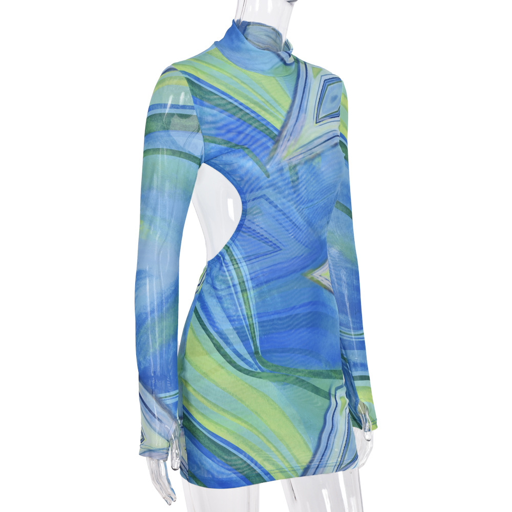 ladies dresses ladies dress dresses for women women dresses girls dresses Dresses Women Clothes Net gauze backless new dress neck hollow out long sleeve sexy buttock skirt