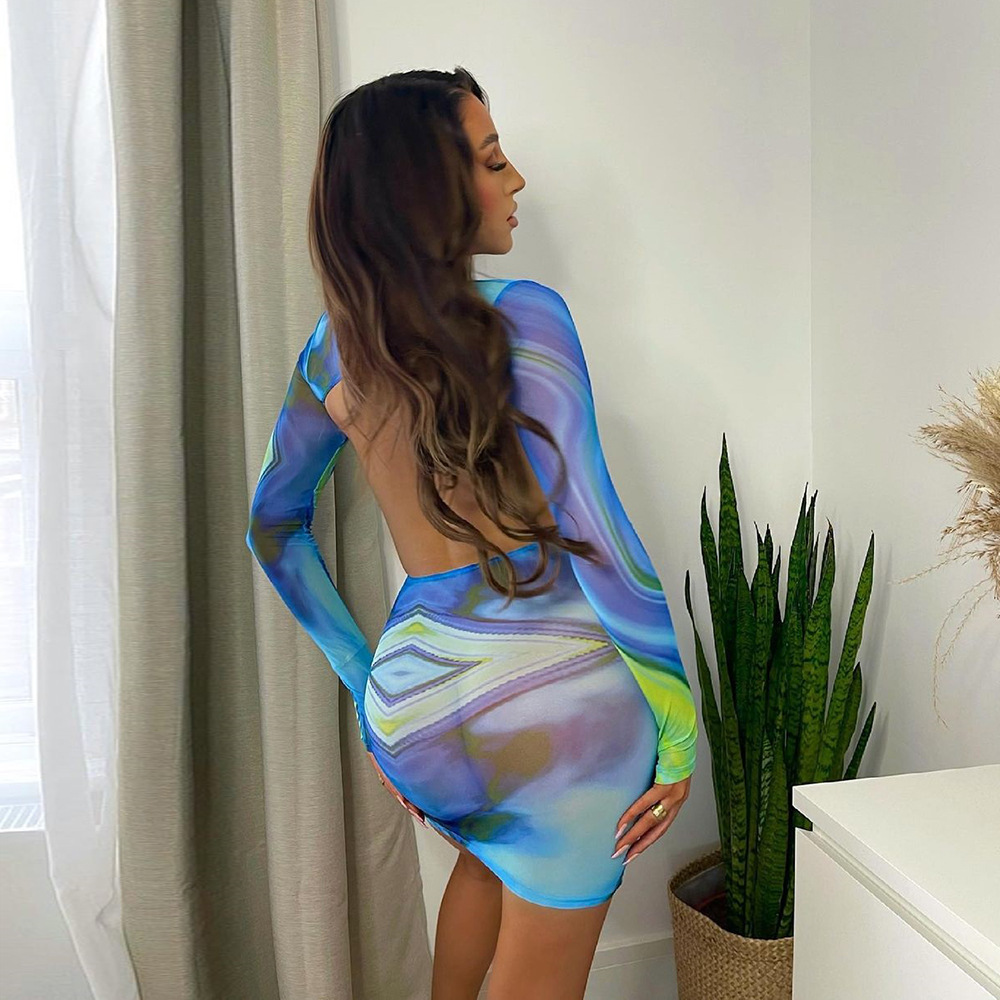 ladies dresses ladies dress dresses for women women dresses girls dresses Dresses Women Clothes Net gauze backless new dress neck hollow out long sleeve sexy buttock skirt