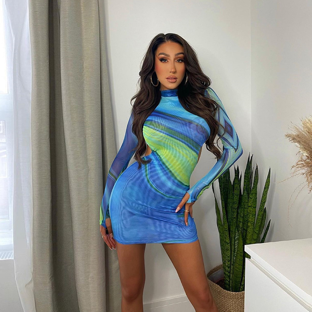 ladies dresses ladies dress dresses for women women dresses girls dresses Dresses Women Clothes Net gauze backless new dress neck hollow out long sleeve sexy buttock skirt