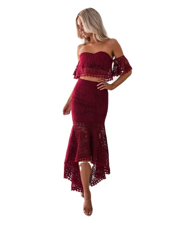 Dresses Women's Clothes Euramerican new dress explodes lace to wipe bosom to reveal back pencil skirt two sets