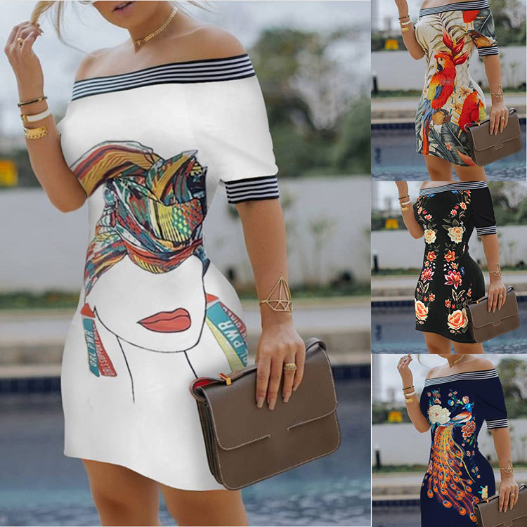Dresses Women's Clothes European and American one-shoulder digital print slim sexy pencil skirt