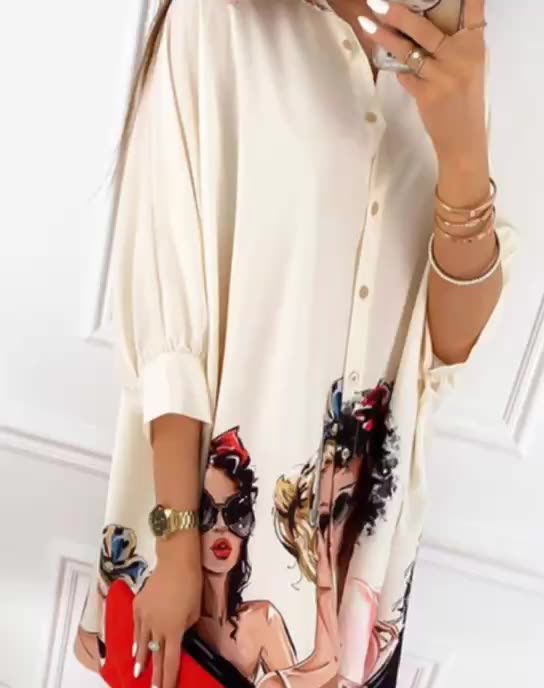 Tops Women's Clothes European and American fashionable positioning printed long-sleeve shirt