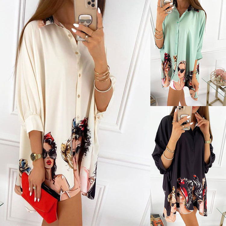 Tops Women's Clothes European and American fashionable positioning printed long-sleeve shirt