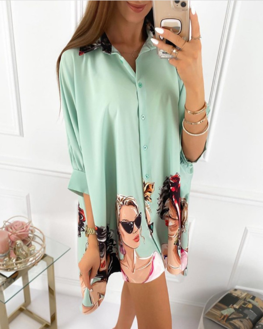 Tops Women's Clothes European and American fashionable positioning printed long-sleeve shirt