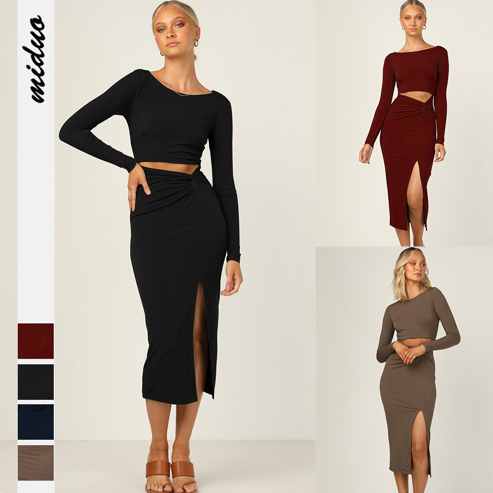 ladies dresses ladies dress dresses for women Dresses Women Clothes New tight kink slit long sleeve hollowed-out women's dress slim slim sexy skirt with buttocks