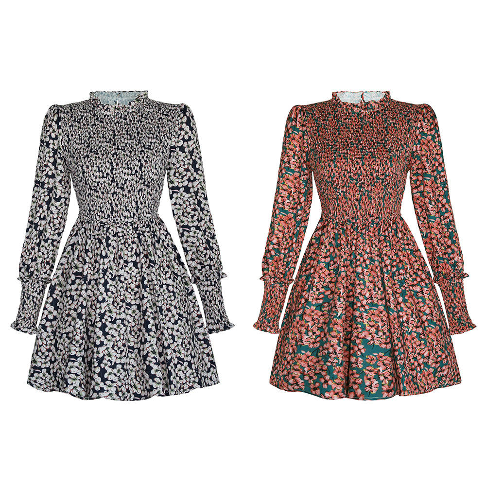 Dresses Women's Clothes European and American autumn fashion new floral digital printing women's long sleeve round collar flounces dress skirt waist temperament skirt