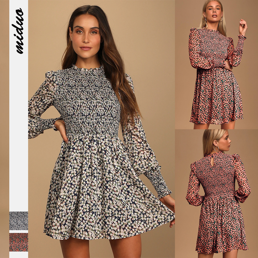 Dresses Women's Clothes European and American autumn fashion new floral digital printing women's long sleeve round collar flounces dress skirt waist temperament skirt
