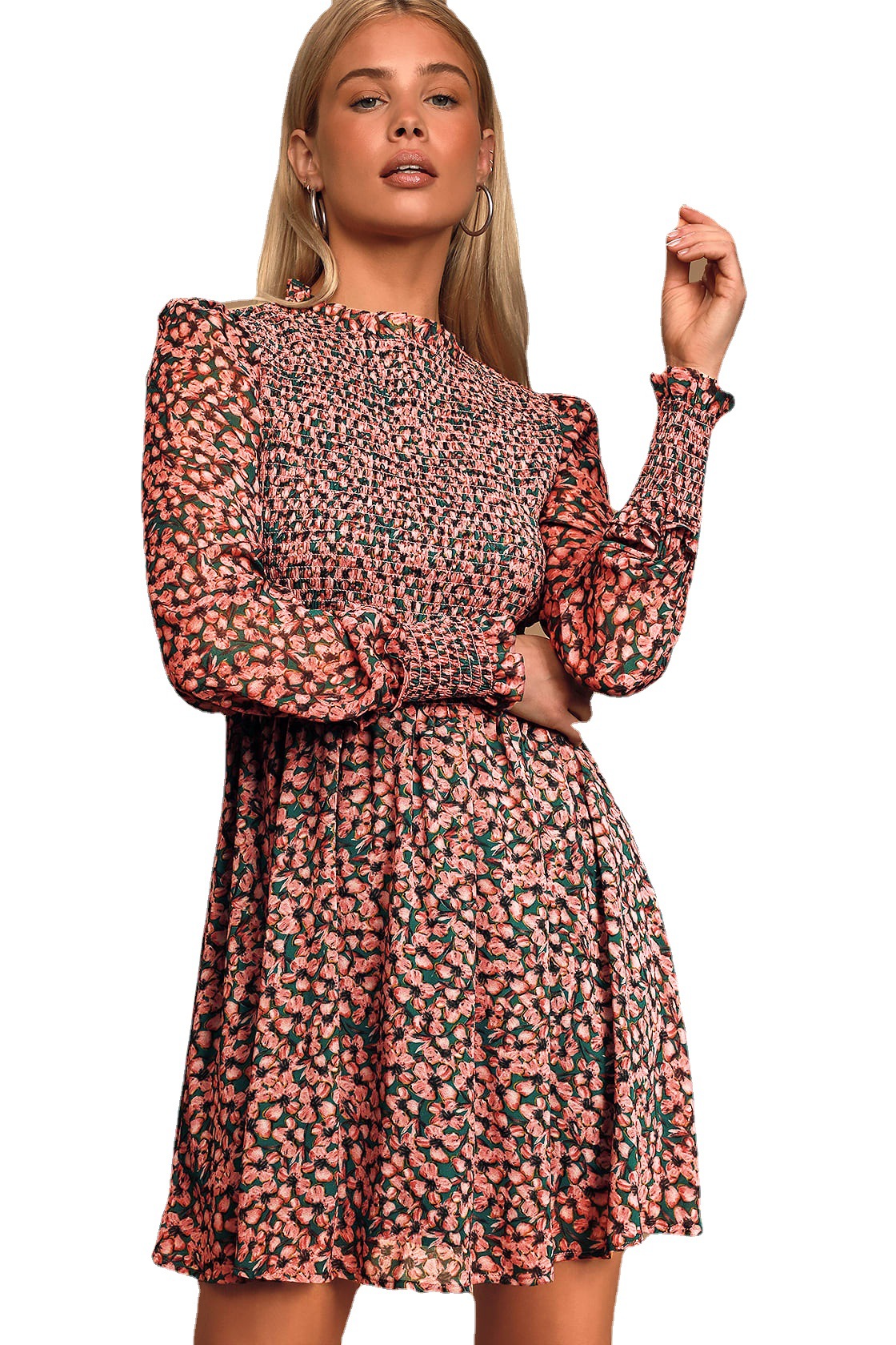 Dresses Women's Clothes European and American autumn fashion new floral digital printing women's long sleeve round collar flounces dress skirt waist temperament skirt