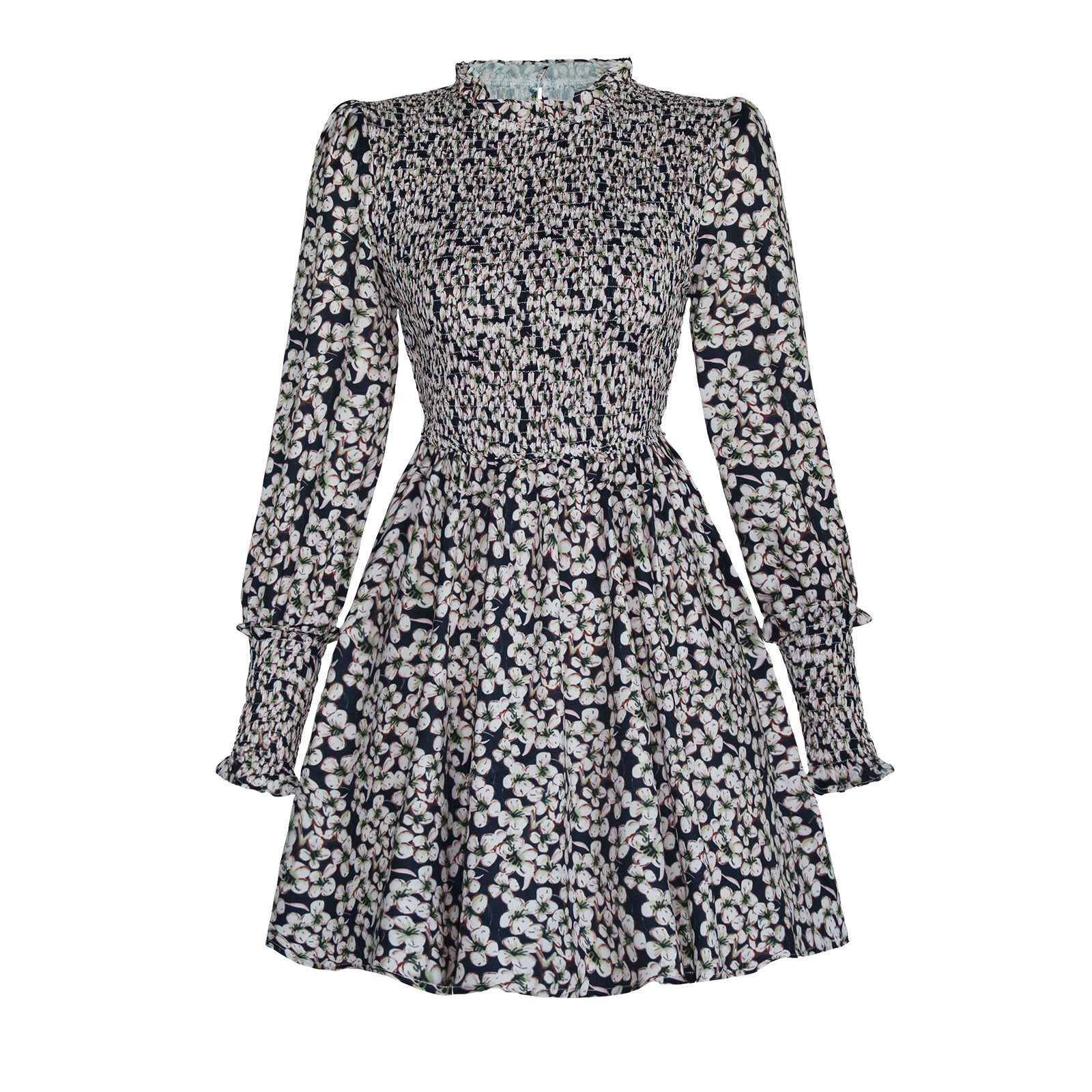 Dresses Women's Clothes European and American autumn fashion new floral digital printing women's long sleeve round collar flounces dress skirt waist temperament skirt
