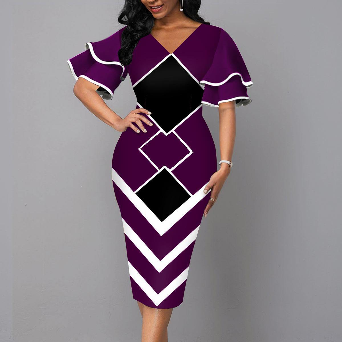 Dresses Women's Clothes European and American printing wrap buttock skirt V collar auric sleeve temperament fashion dress
