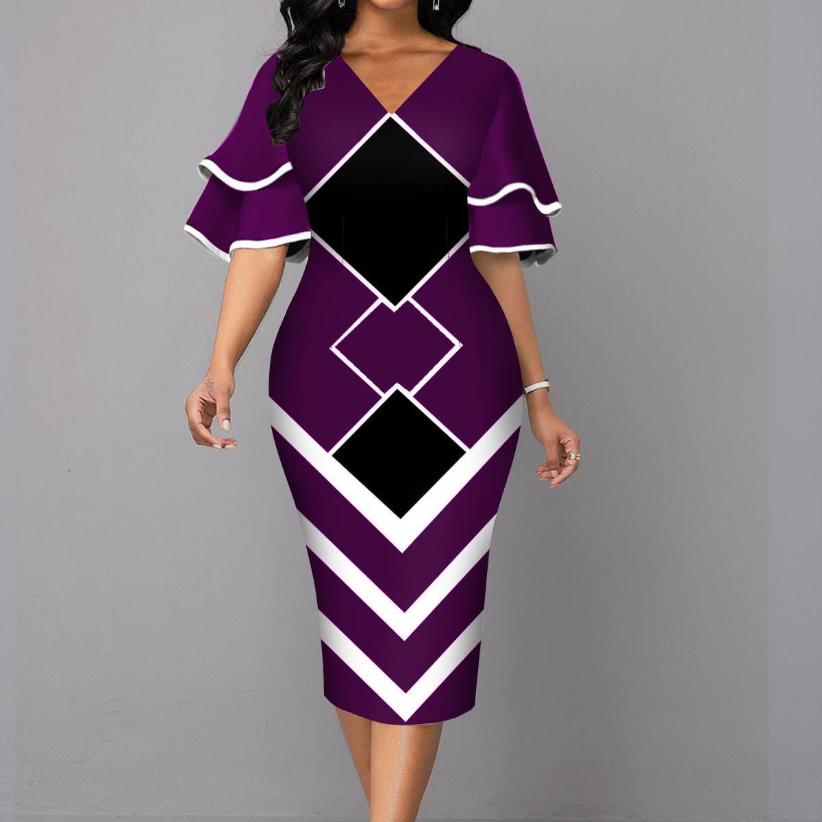 Dresses Women's Clothes European and American printing wrap buttock skirt V collar auric sleeve temperament fashion dress