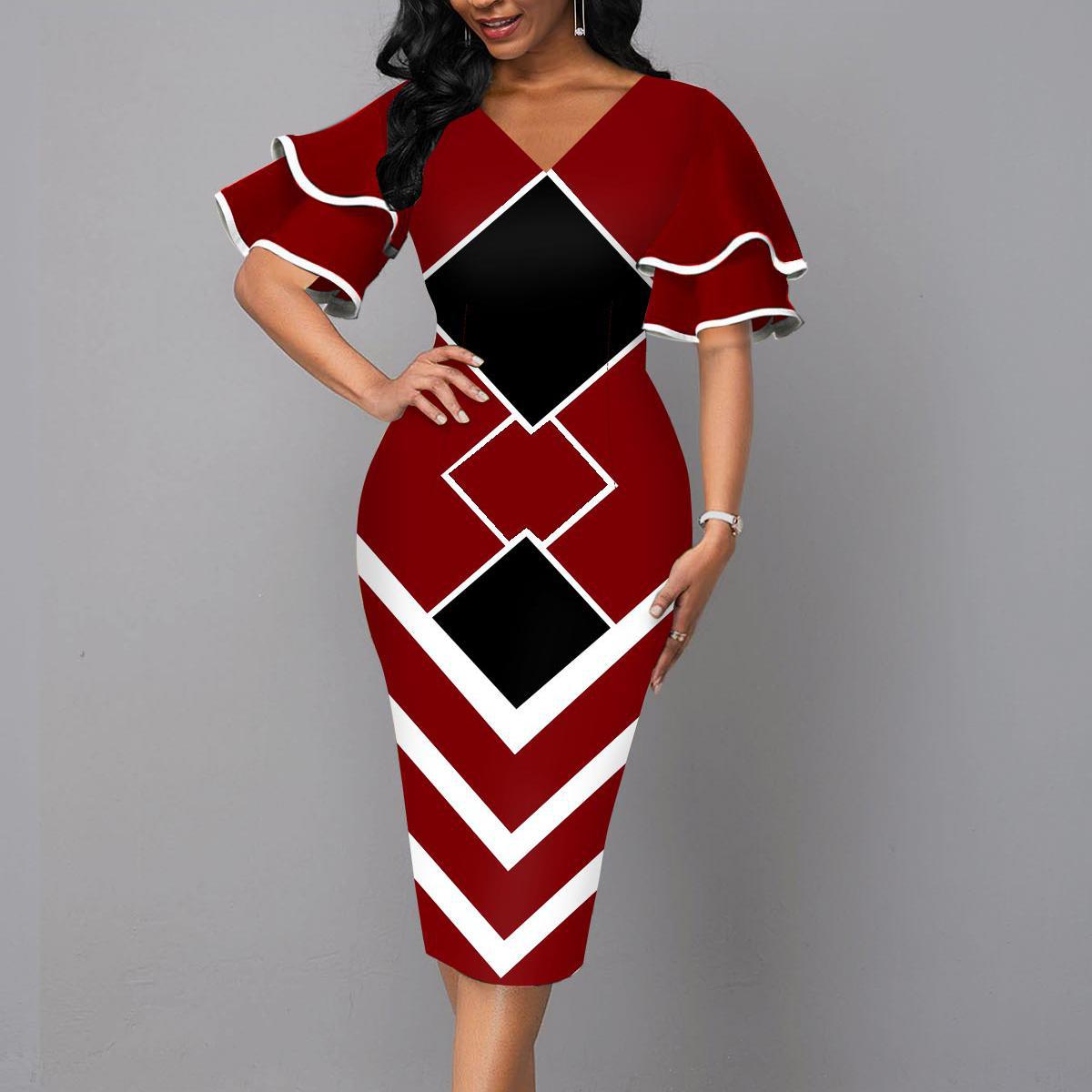 Dresses Women's Clothes European and American printing wrap buttock skirt V collar auric sleeve temperament fashion dress