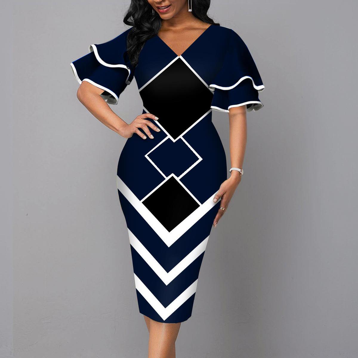 Dresses Women's Clothes European and American printing wrap buttock skirt V collar auric sleeve temperament fashion dress