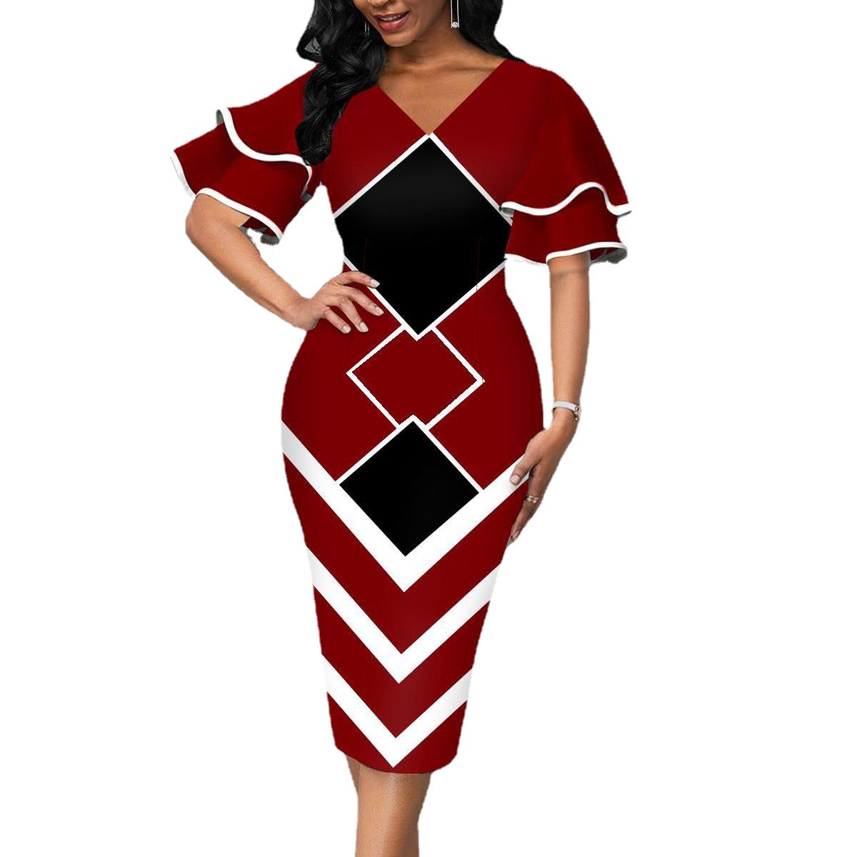 Dresses Women's Clothes European and American printing wrap buttock skirt V collar auric sleeve temperament fashion dress