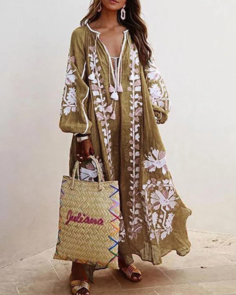 Dresses Women's Clothes Explosive new v-neck long sleeves printed long loose dress