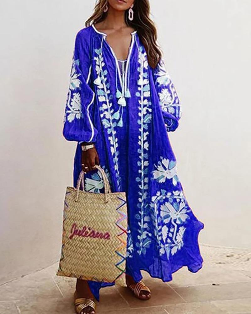 Dresses Women's Clothes Explosive new v-neck long sleeves printed long loose dress