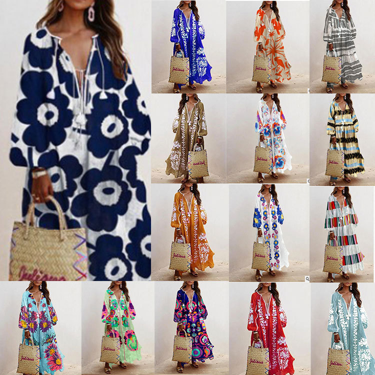 Dresses Women's Clothes Explosive new v-neck long sleeves printed long loose dress