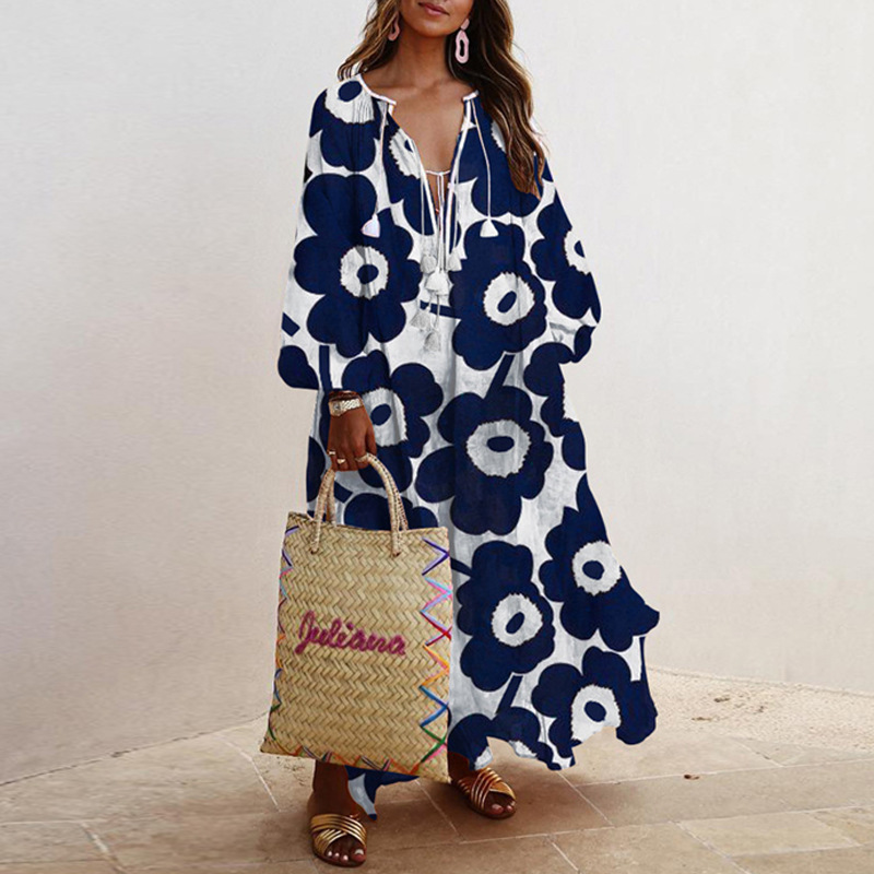 Dresses Women's Clothes Explosive new v-neck long sleeves printed long loose dress