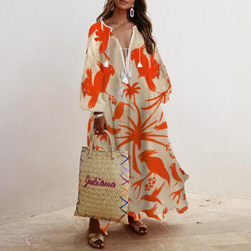 Dresses Women's Clothes Explosive new v-neck long sleeves printed long loose dress
