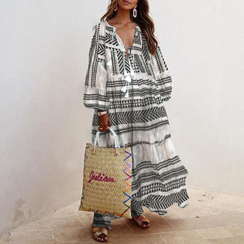 Dresses Women's Clothes Explosive new v-neck long sleeves printed long loose dress
