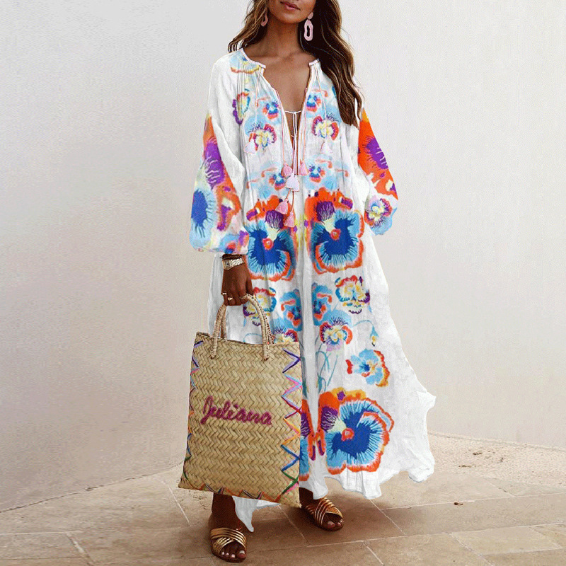 Dresses Women's Clothes Explosive new v-neck long sleeves printed long loose dress