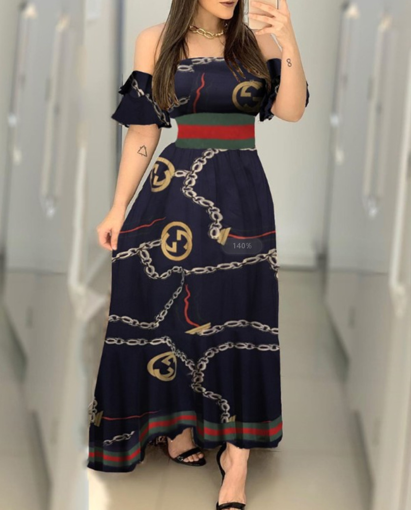 Dresses Women's Clothes Europe and the United States popular women's clothing new printed one-shoulder dress