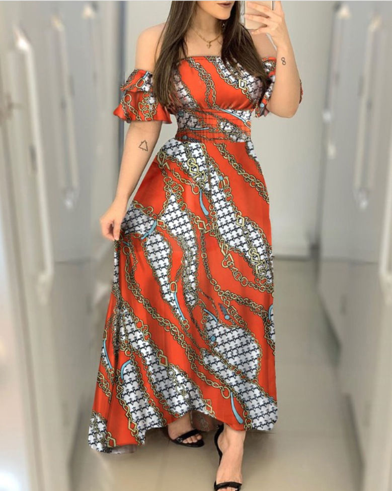 Dresses Women's Clothes Europe and the United States popular women's clothing new printed one-shoulder dress