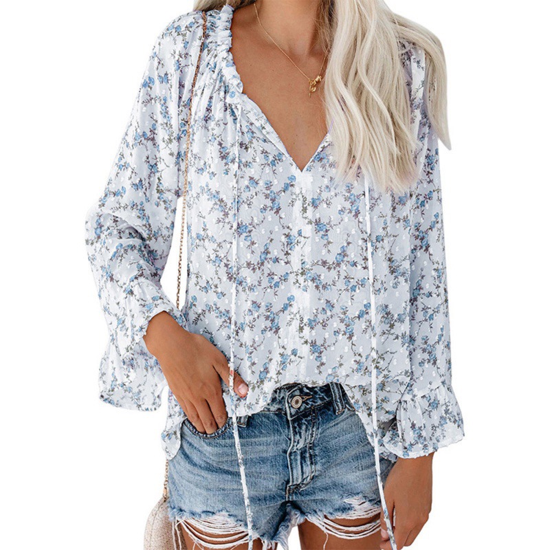 Tops Women's Clothes European and American temperament commuter loose T-shirt pullover V neck horn sleeve printed chiffon shirt