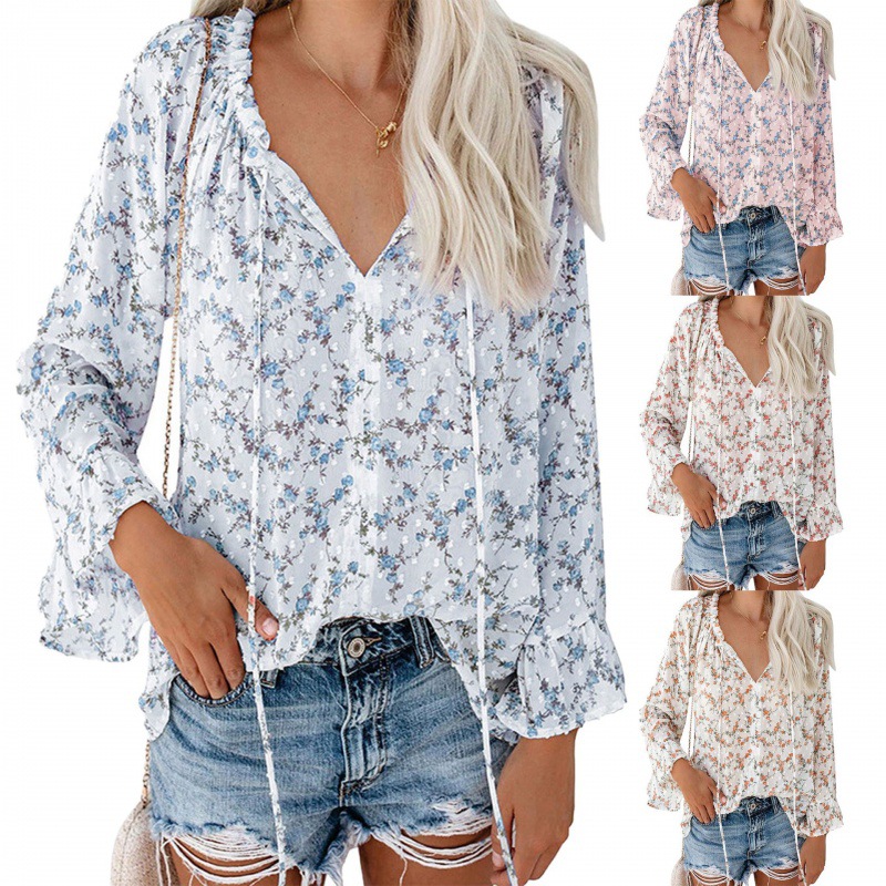 Tops Women's Clothes European and American temperament commuter loose T-shirt pullover V neck horn sleeve printed chiffon shirt