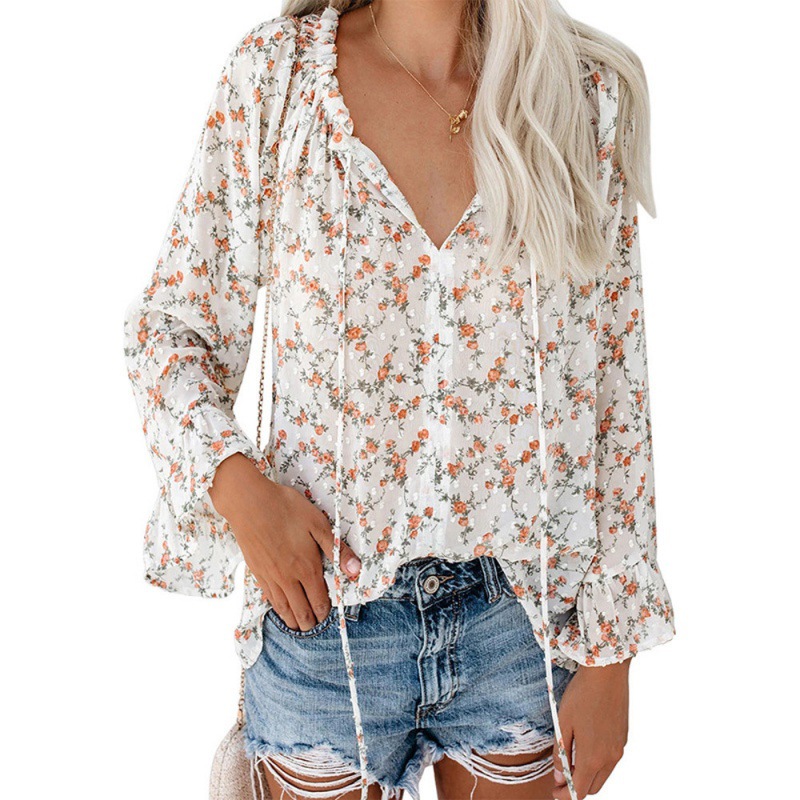 Tops Women's Clothes European and American temperament commuter loose T-shirt pullover V neck horn sleeve printed chiffon shirt