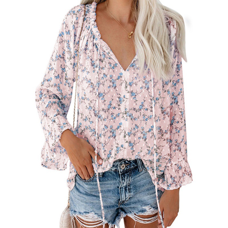 Tops Women's Clothes European and American temperament commuter loose T-shirt pullover V neck horn sleeve printed chiffon shirt