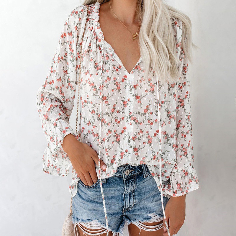 Tops Women's Clothes European and American temperament commuter loose T-shirt pullover V neck horn sleeve printed chiffon shirt