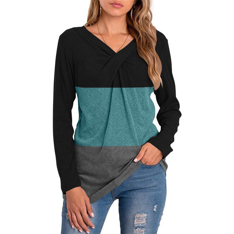 Tops  Women's Clothes Europe and the United States new women's autumn and winter V collar long sleeve splicing jacket cover bottom shirt