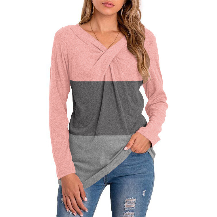 Tops  Women's Clothes Europe and the United States new women's autumn and winter V collar long sleeve splicing jacket cover bottom shirt