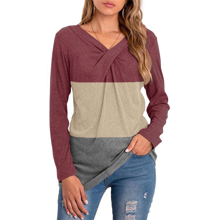 Tops  Women's Clothes Europe and the United States new women's autumn and winter V collar long sleeve splicing jacket cover bottom shirt