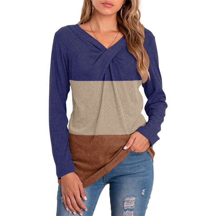 Tops  Women's Clothes Europe and the United States new women's autumn and winter V collar long sleeve splicing jacket cover bottom shirt