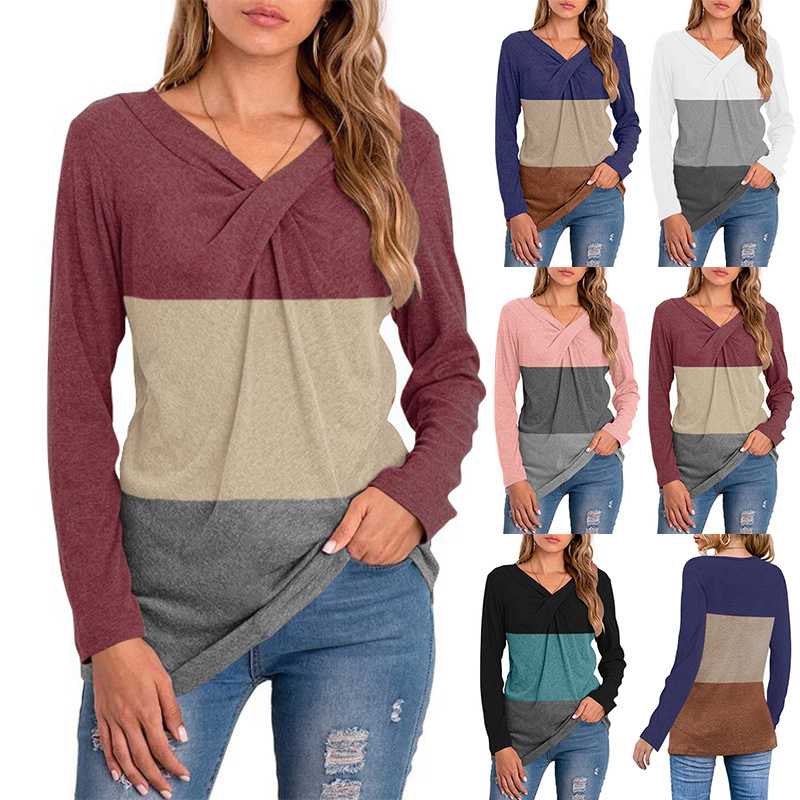 Tops  Women's Clothes Europe and the United States new women's autumn and winter V collar long sleeve splicing jacket cover bottom shirt