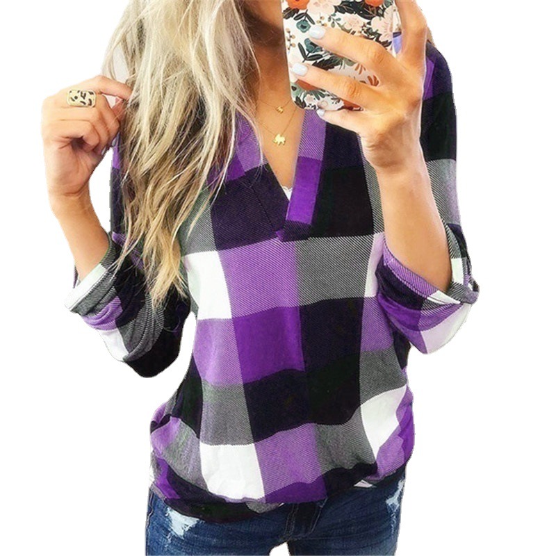 Tops Women's Clothes  European and American new WISH spring and Autumn shirt plaid printed V-collar long-sleeve shirt