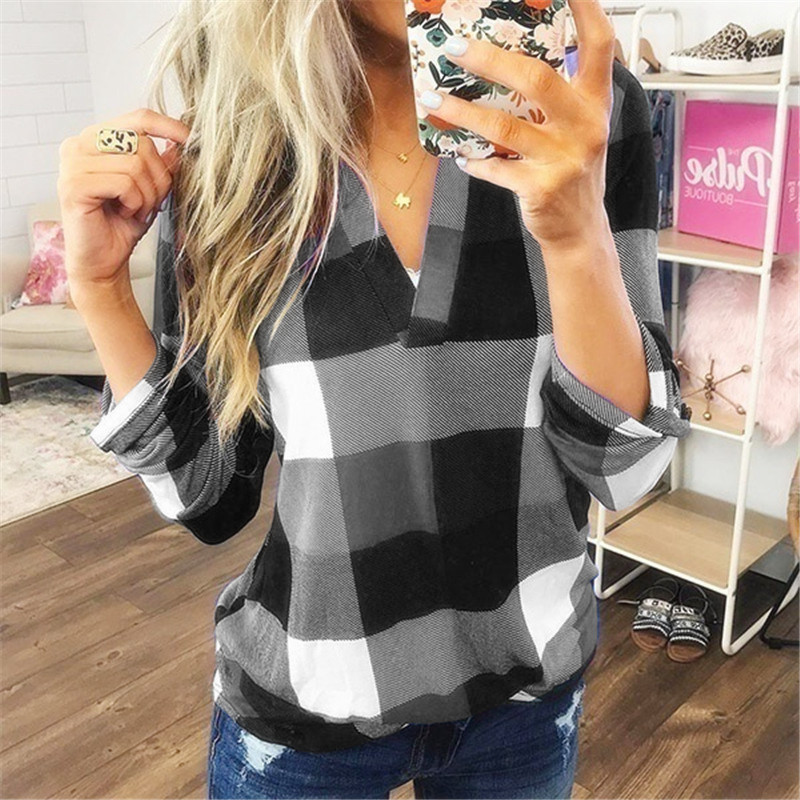 Tops Women's Clothes  European and American new WISH spring and Autumn shirt plaid printed V-collar long-sleeve shirt