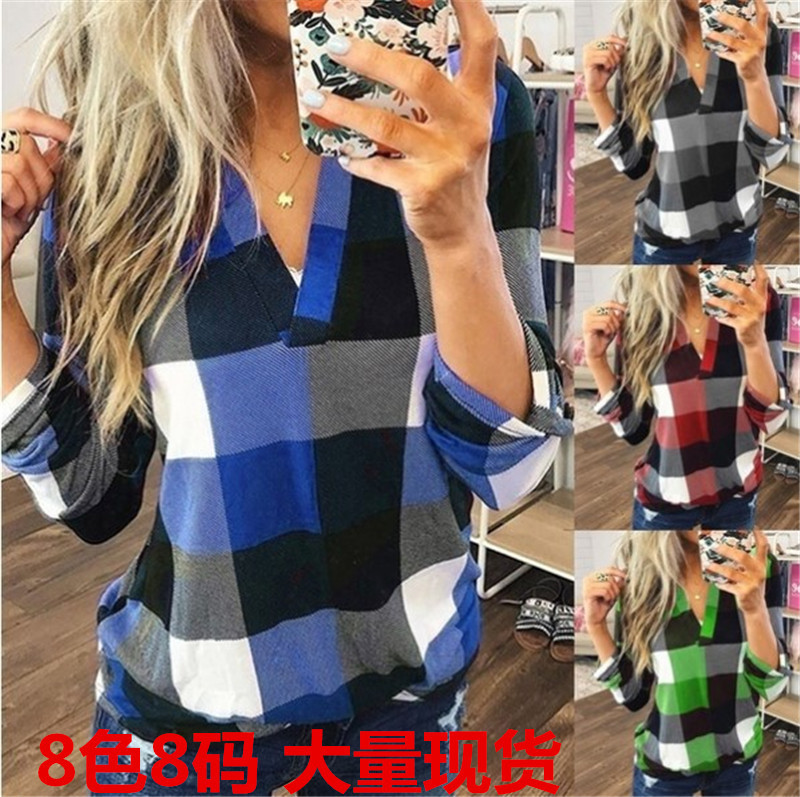 Tops Women's Clothes  European and American new WISH spring and Autumn shirt plaid printed V-collar long-sleeve shirt