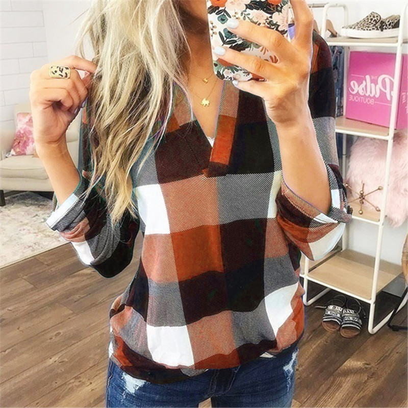 Tops Women's Clothes  European and American new WISH spring and Autumn shirt plaid printed V-collar long-sleeve shirt