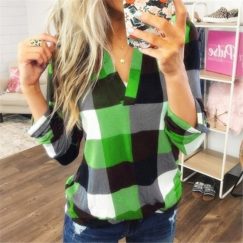 Tops Women's Clothes  European and American new WISH spring and Autumn shirt plaid printed V-collar long-sleeve shirt