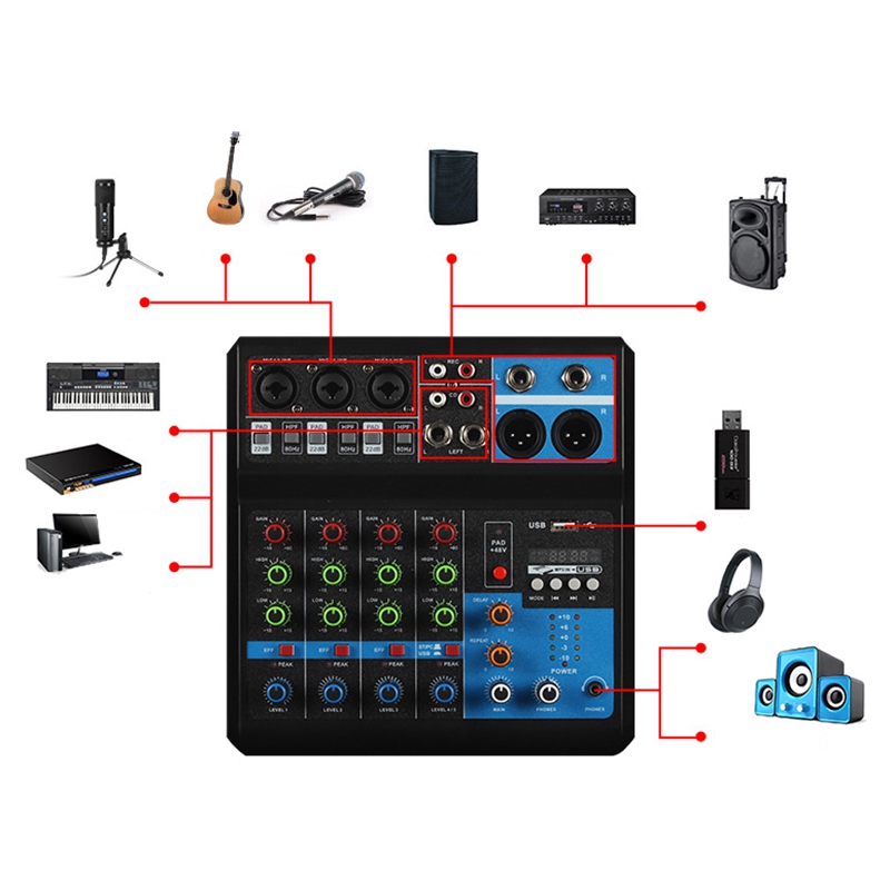 5 Channel USB Bluetooth Audio Mixer Sound Board 48V Phantom Power MP3 Computer Input Mixer Audio