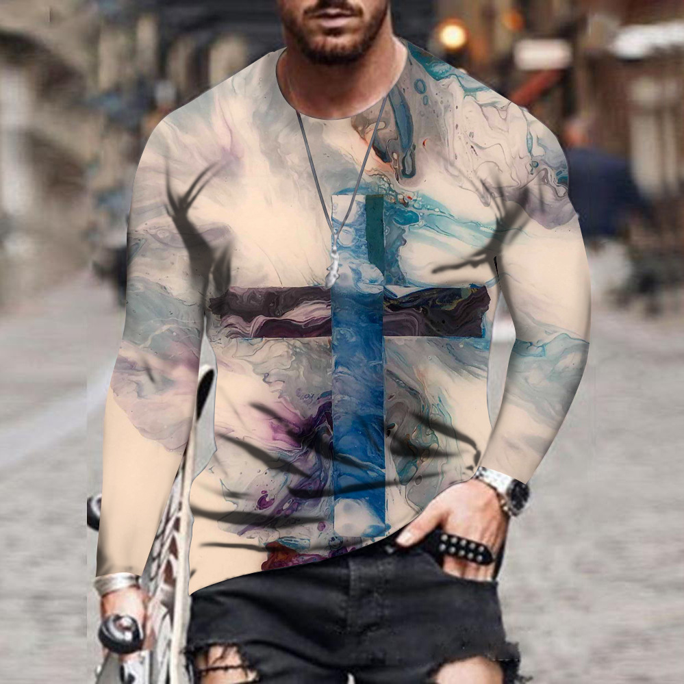 2021 new fashion clothes men's loose round neck 3d printing long-sleeved T-shirt top