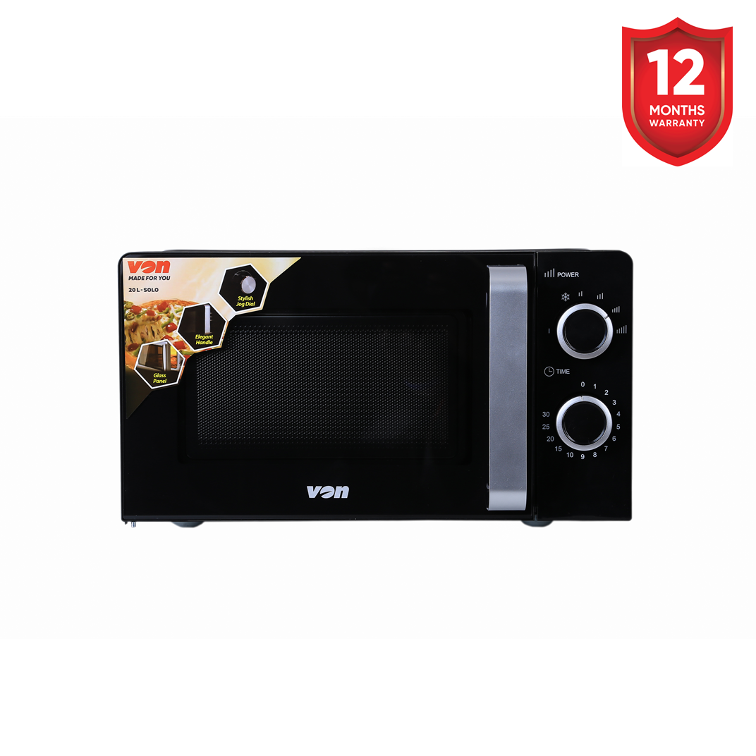 Von VAMS-20MGX Microwave Oven Mechanical control Glass front panel  Solo 8 power levels Grey interior cavity Normal cooking programs power and time setting