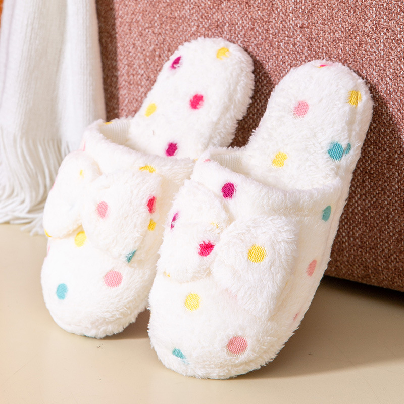 Women Winter  Polka Dots Bowknot Non-Slip Soft Winter Warm House Slippers Indoor