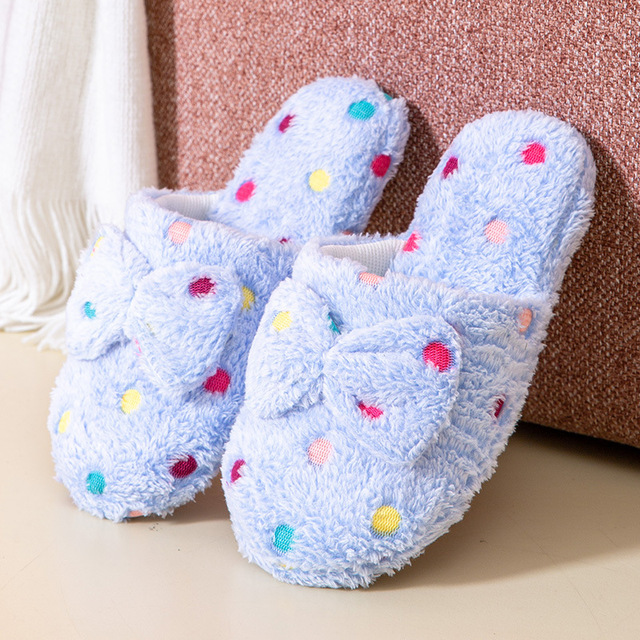 Women Winter  Polka Dots Bowknot Non-Slip Soft Winter Warm House Slippers Indoor