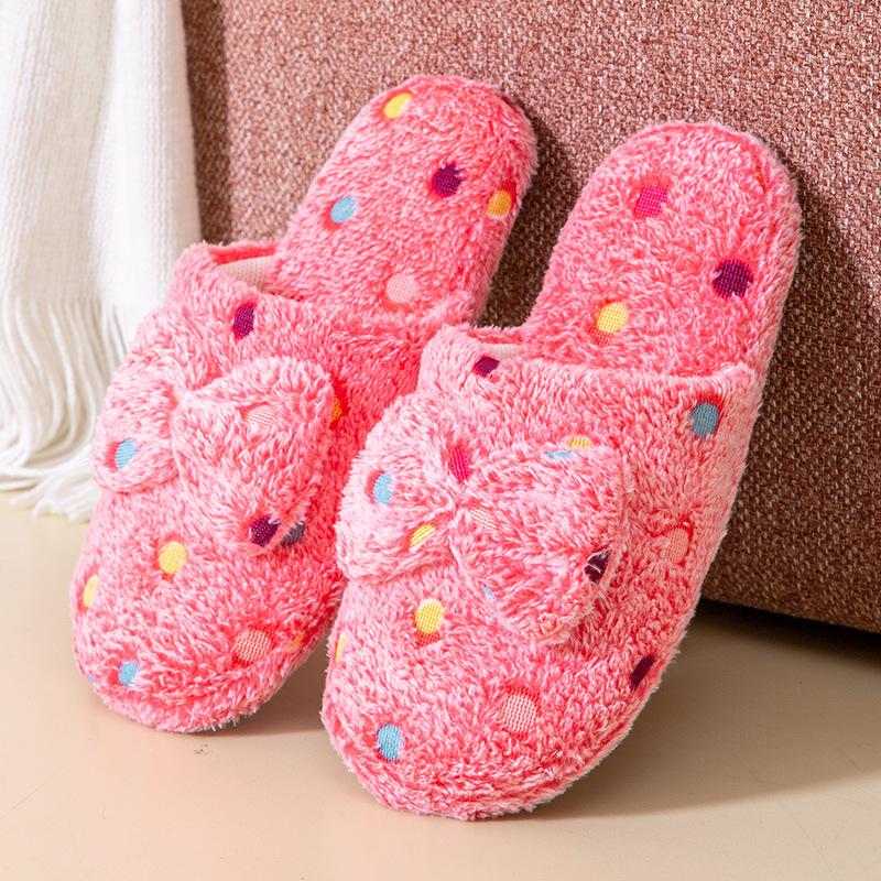 Women Winter  Polka Dots Bowknot Non-Slip Soft Winter Warm House Slippers Indoor