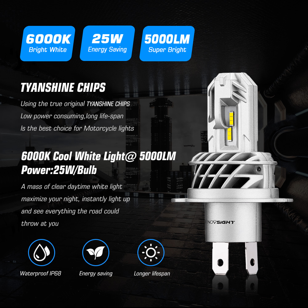 NOVSIGHT Motorcycle Headlight Bulb Led H4 H7 H11 1:1 Mini Size Design 6000K White 5000LM 25W 12V Motorcycle Headlamp Bulbs